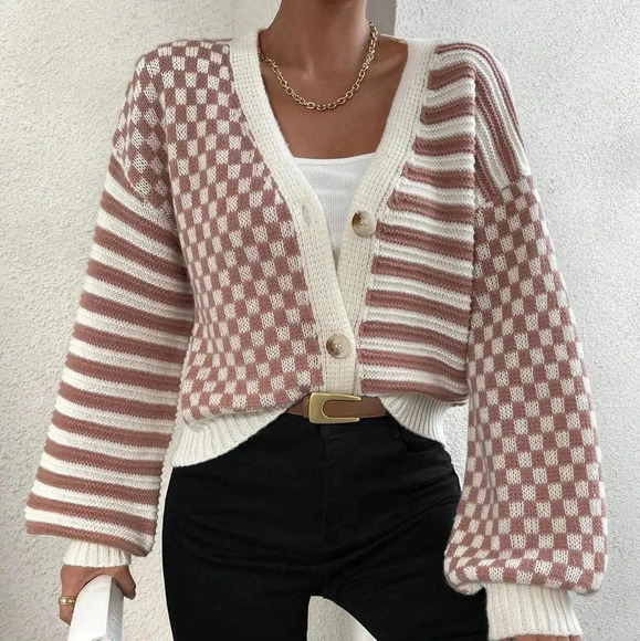 Checker Pattern Drop Shoulder Cardigan - Picture 5 of 5